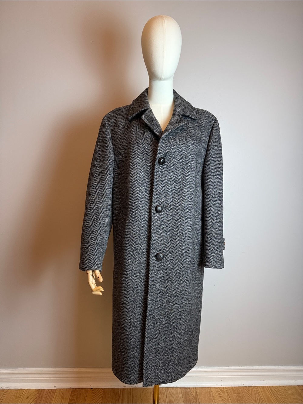 Vintage Aquascutum London Gray Herringbone Pure Virgin Wool Overcoat Jacket - Ma